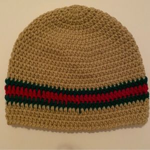Handmade Crochet Beanie Beige Tan Khaki Stripe Red Green